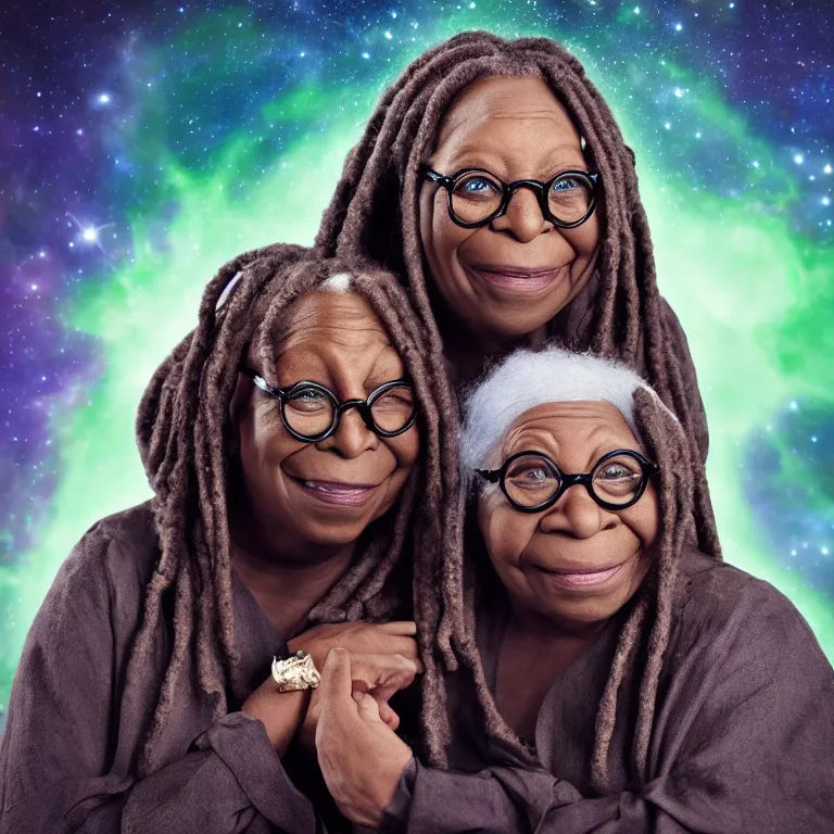 Image similar to whoopi goldberg yoda hybrid from star wars, high quality portrait photoshoot, bokeh, studio lighting, high fashion photoshoot, nebula space background, 8 k