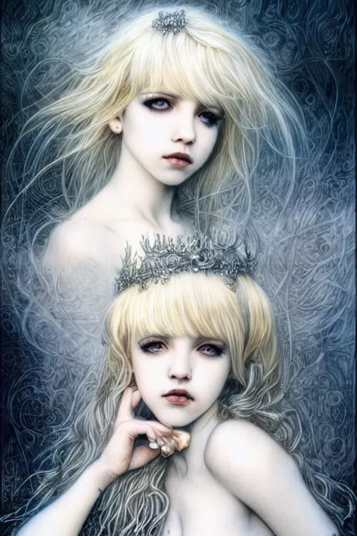 Image similar to Melanie Martinez as a beautiful blonde goddess, fantasy, portrait, sharp focus, intricate, elegant, illustration, ambient lighting, art by Luis Royo