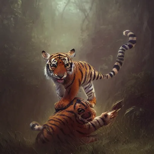 Image similar to a award winnimg commission portrait of a anthro tiger carrying a small cute bunny,digital art,art by greg rutkowski,character design by charles bowater,professional character design,ross tran,artstation,deviantart,photorealistic,detailed face,hyperdetailed,4k