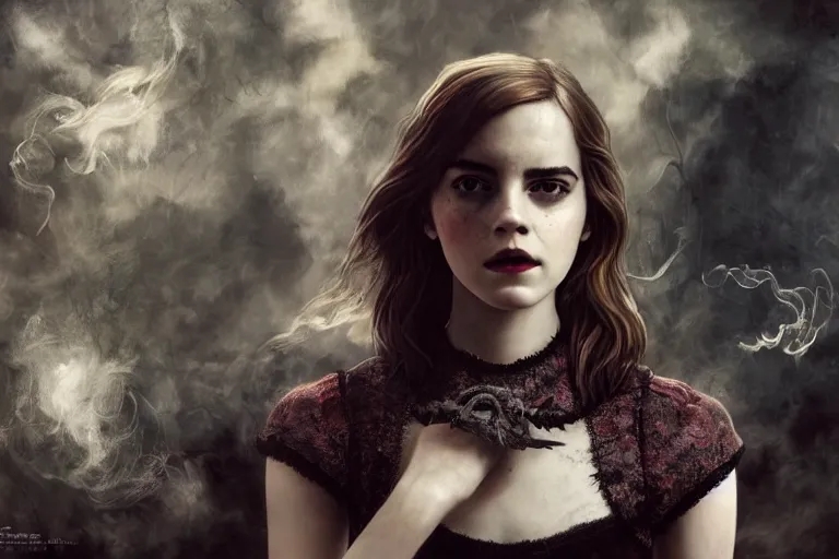 Image similar to a mix of of emma watson, anya taylor - joy and emma stone, evil sorceress witch, victorian manor, hyperrealism, octane render, extremely detailed, intricate smoke magic, lace, style of mark ryden, earl nore, hyung tae, frank frazetta