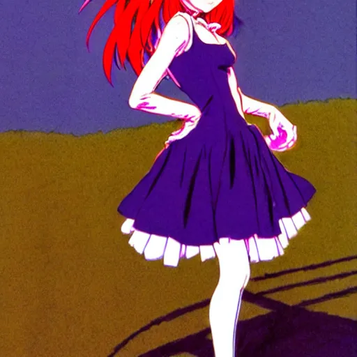 Prompt: anime girl wearing purple dress, red shoes, red hair tie, white tights, extremely detailed, sharp focus, isekai farm. smooth digital illustration darwyn cooke, bernie wrightson, guido crepax, will eisner, alex toth, bill ward, bob clampett, matte painting concept art