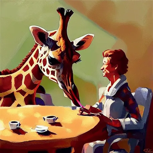 Image similar to a giraffe dressed like an astronaut drinking tea with queen isabel, trending on artstation, art by greg manchess, guangjian, detailed digital art, artstation hd