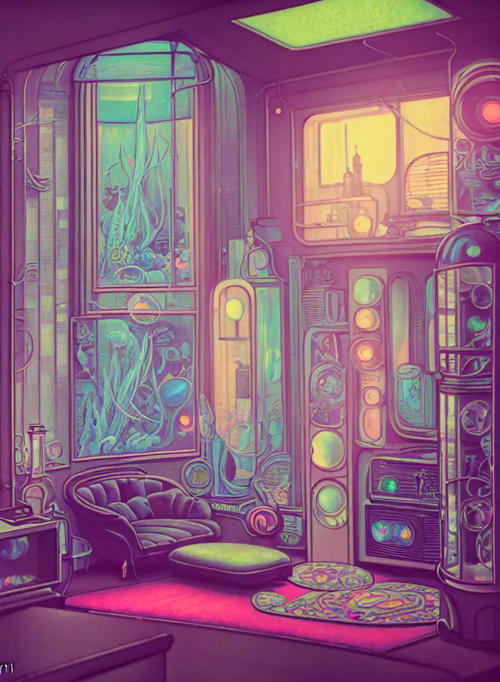 Image similar to telephoto 7 0 mm f / 2. 8 iso 2 0 0 photograph depicting the feeling of chrysalism in a cosy safe cluttered french sci - fi ( art ( nouveau ) ) cyberpunk apartment in a pastel dreamstate art cinema style. ( living room ) ( ( fish tank ) ), ambient light.