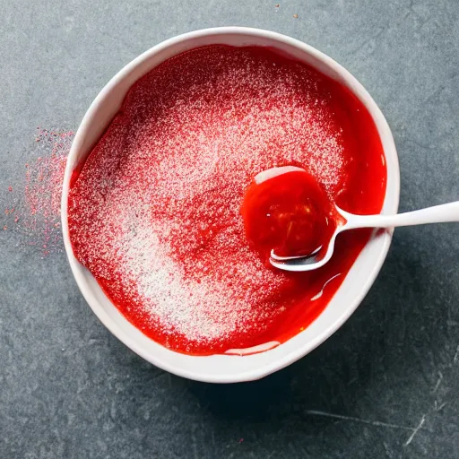 Prompt: A bowl of sugar with ketchup on it