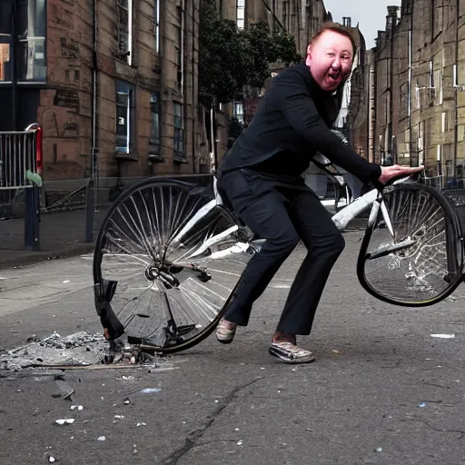 Image similar to Limmy in a bike crash falling of his bike, blood, Glasgow, photorealistic