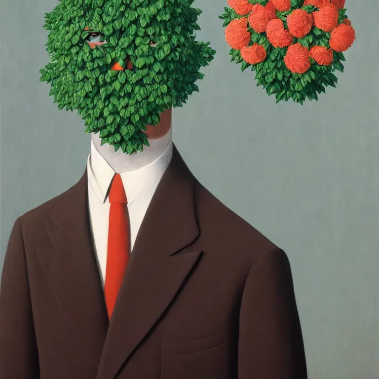 Image similar to portrait of man in a suit, his head is flowers, by rene magritte, detailed painting, hd, hq, high resolution, high detail, 4 k, 8 k