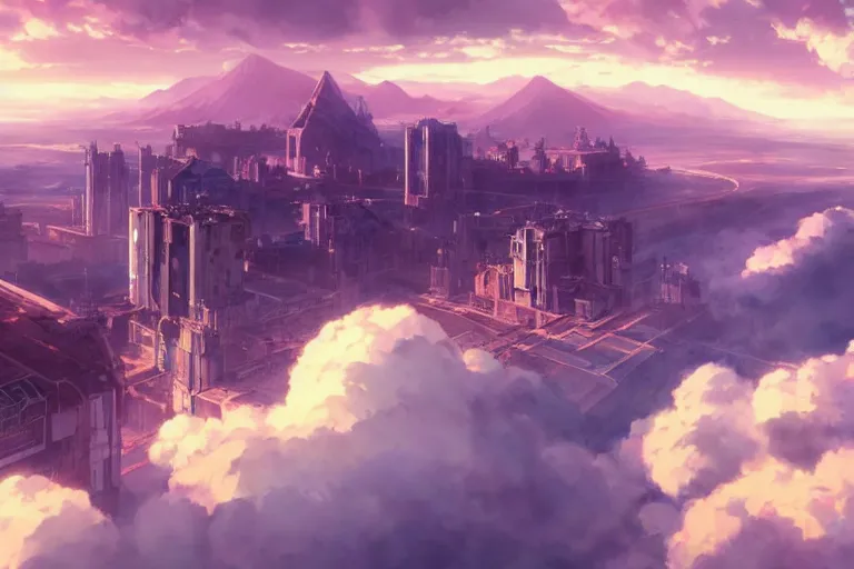 Image similar to ultra realistic flying city on clouds, colors, 8 k, hd, details, fantasy, epic, ancient city, landscape illustration concept art anime key visual trending pixiv fanbox by wlop and greg rutkowski and makoto shinkai and studio ghibli and kyoto animation symmetrical facial features