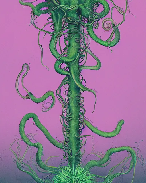 Image similar to scientific botanical illustration of beautiful alien plants with glowing parts, with slimy tentacles, trending on artstation, by james jean and simon stalenhag and zdzisław beksinski