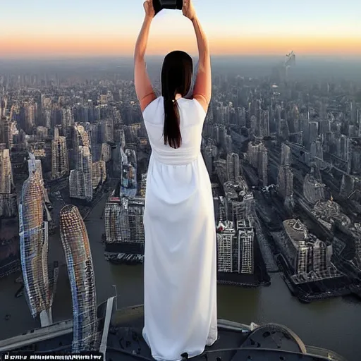 Prompt: Award-winning photography of the most beautiful woman to have ever existed, posing at the top of the world\'s tallest building