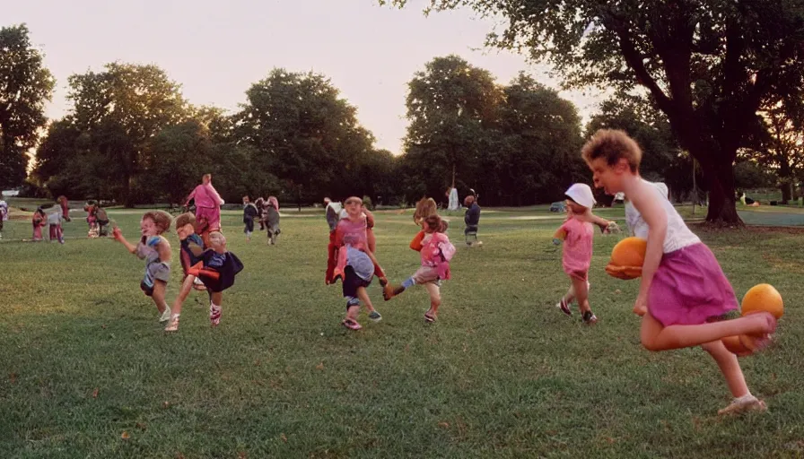 Prompt: 1990s candid photo of a beautiful day at the park, families playing, cinematic lighting, cinematic look, golden hour, kids being chased by large personified fruit creatures , Enormous fruit people, UHD