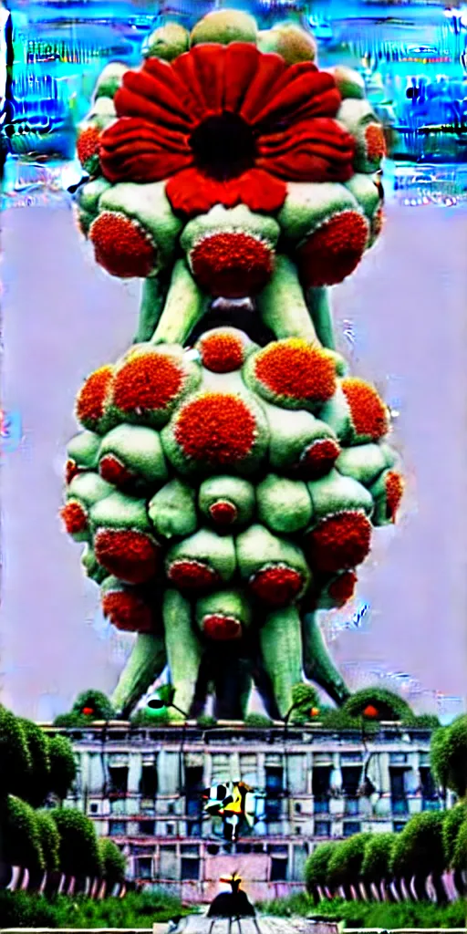 Image similar to colossal grotesque flower made from unfulfilled communist dreams in the middle of abandoned post soviet constructivist cityscape, Stalinist architecture, ultradetailed, Intricate by Hayao Miyazaki and Josan Gonzalez and Makoto Shinkai and Giuseppe Arcimboldo and Wes Anderson