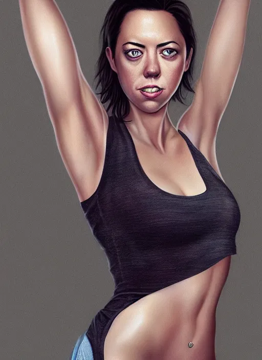 Image similar to full length photo of Aubrey Plaza in a tanktop in the style of stefan kostic, not realistic, sharp focus, 8k high definition, insanely detailed, intricate, elegant, art by stanley lau and artgerm