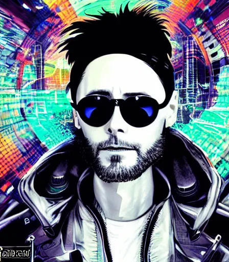 Prompt: hyper detailed comic illustration of a cyberpunk Jared Leto wearing a futuristic sunglasses and a gorpcore jacket, markings on his face, by Android Jones intricate details, vibrant, solid background, low angle fish eye lens