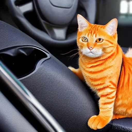 Prompt: an orange tabby cat driving a car, his paws are on the steering wheel