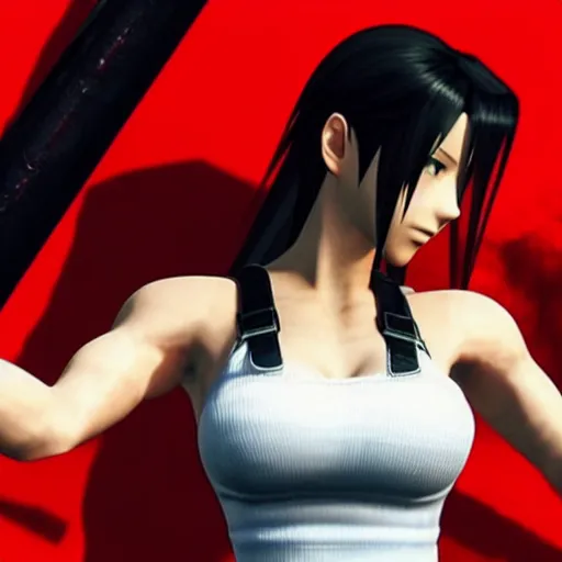 Image similar to Tifa Lockhart from Final Fantasy VII Remake looking at the Italian flag and chuckling to herself