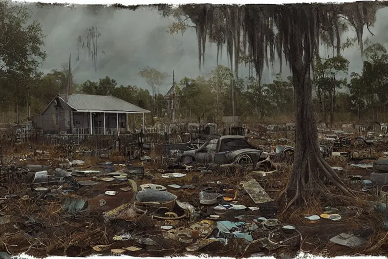 Prompt: scene from louisiana swamps, graveyard, portrait, canibal cult, old protestant church with neon satanic pentagram, junkyard by the road, boy scout troop, voodoo artwork by tim eitel