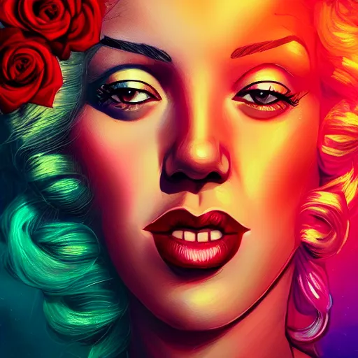 Image similar to beautiful charming goddess of sunshine and roses, inspired by stephanie beatriz and marilyn monroe, character art portrait, deviantart artstation, by alena aenami, by michael whelan, behance hd, bokeh