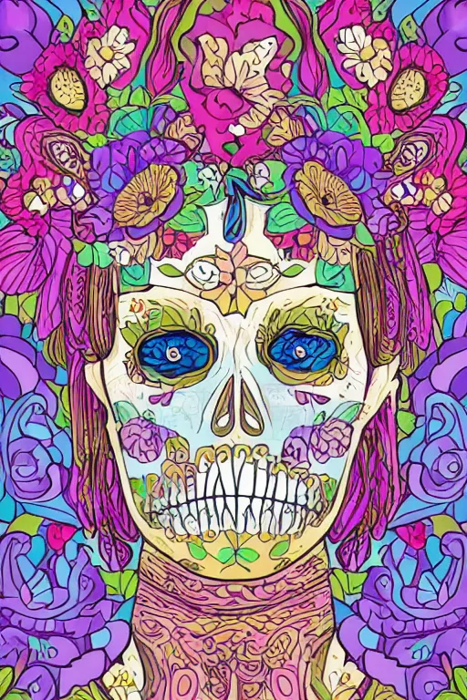 Image similar to portrait of a flower skeletor girl, art by milka oxana, sticker, colorful, illustration, highly detailed, simple, smooth and clean vector curves, no jagged lines, vector art, smooth