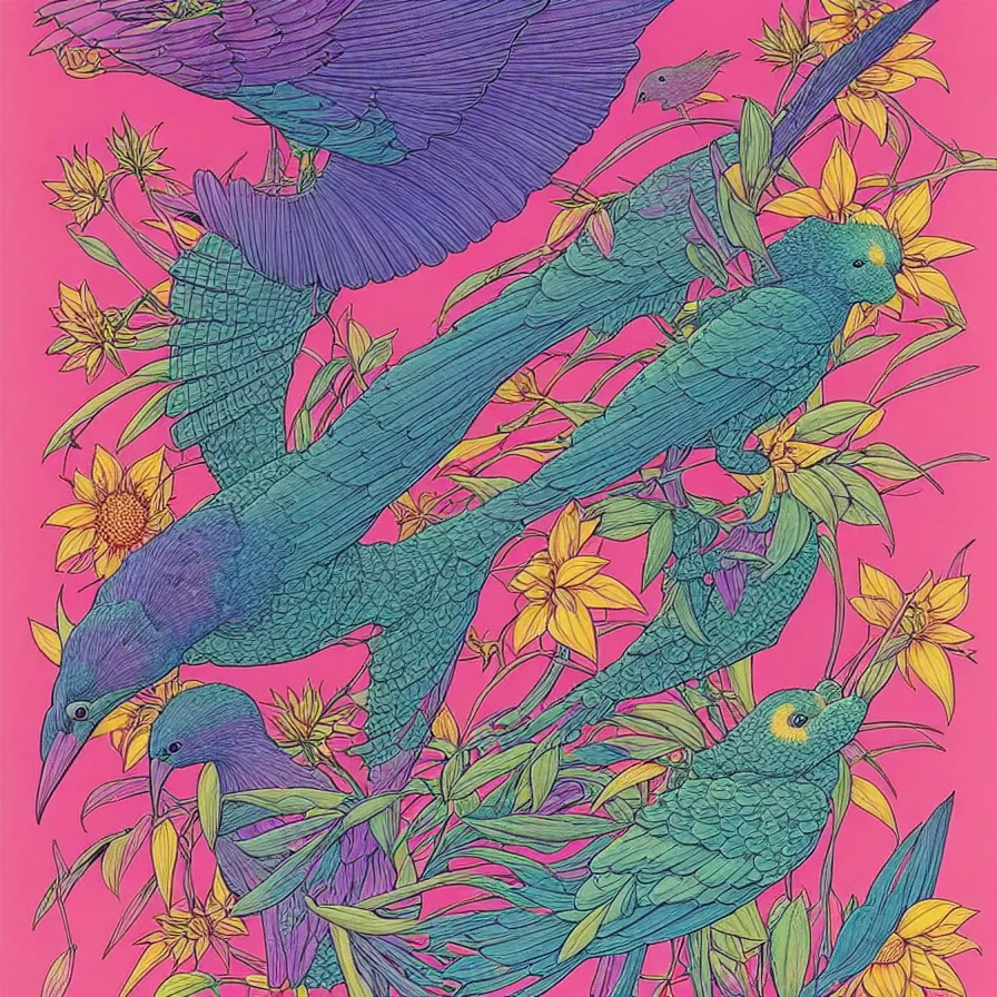 Image similar to ( ( ( ( beautiful flowers and birds, with decorative frame design ) ) ) ) by mœbius!!!!!!!!!!!!!!!!!!!!!!!!!!!, overdetailed art, colorful, artistic record jacket design
