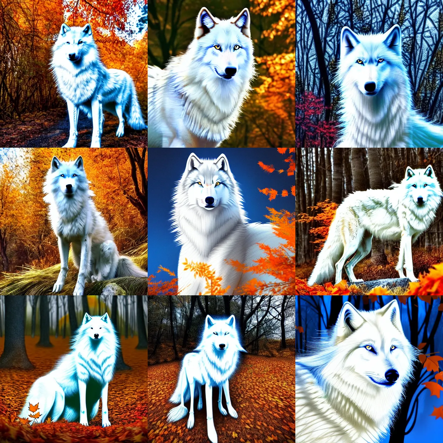 Prompt: a beautiful long - haired white wolf stands in a dormant autumn forest, in the background orange trees with falling foliage, blue eyes, blue eyes on the face, photorealism, landscape, hyper detailed, blue luminescent neon shiny eyes