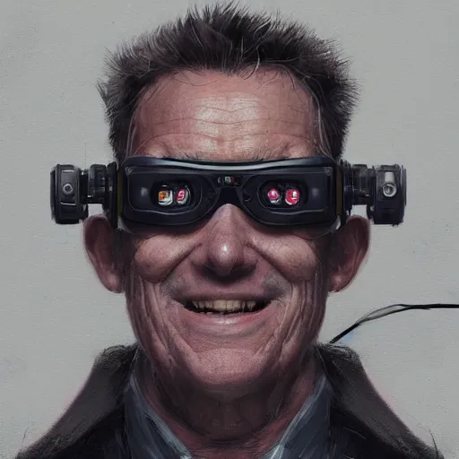 Prompt: Portrait of a man by Greg Rutkowski, symmetrical face, an old man using a VR Headset covering his eyes, Kubric Stare, crooked and uncanny smile smile, highly detailed portrait, scifi, digital painting, artstation, book cover, cyberpunk, concept art, smooth, sharp foccus ilustration, Artstation HQ