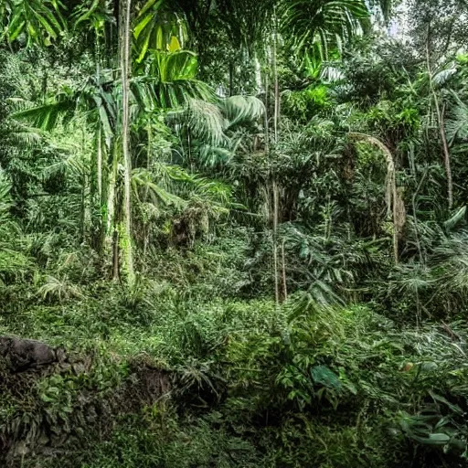 Image similar to an abandoned themepark in the middle of jungle, moody, monkies walking around, very late at night, sty full of skies, atmospheric, scary