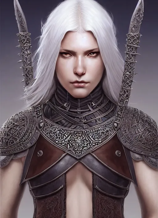 Image similar to warrior, leather armor!!! long wild white hair!! covered chest!!! fantasy, d & d, intricate ornate details, digital painting, pretty face!!, symmetry, concept art, sharp focus, illustration, art by artgerm! greg rutkowski magali villeneuve wlop! ilya kuvshinov!!, octane render