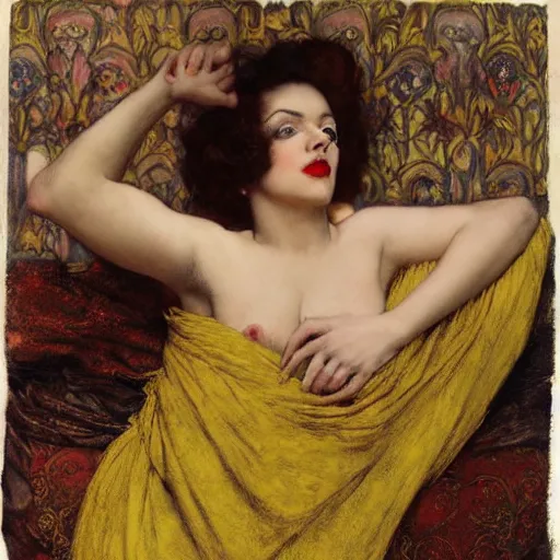 Prompt: reclining on bed, hybrid of judy garland and a hybrid of lady gaga and tom hanks, aged 2 5, brown fringe, large full lips, wide shot, yellow ochre ornate medieval dress, john william waterhouse, kilian eng, rosetti, john everett millais, william holman hunt, william morris, 4 k