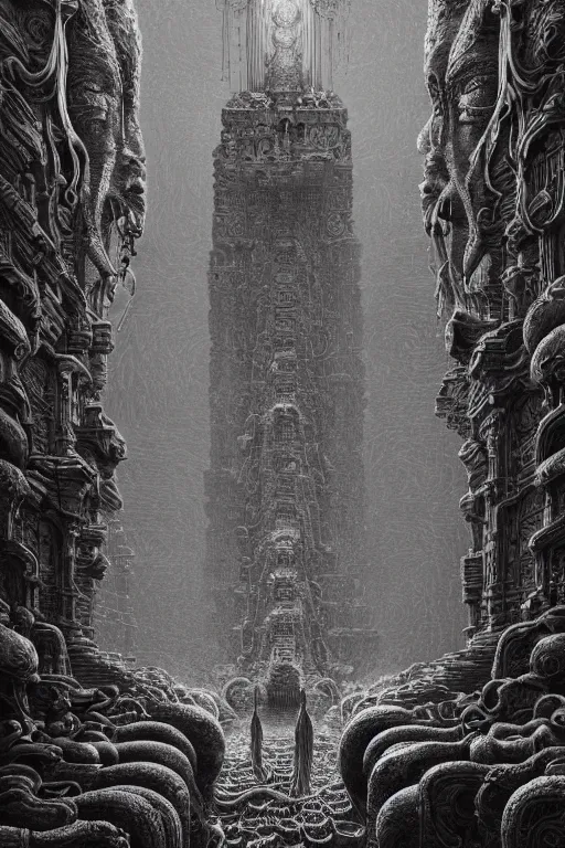 Image similar to intricate artwork masterpiece biomechanical ancient temple chtonic statues, by nicolas delort, zdizslaw beksinski, victo ngai, josan gonzalez, kilian eng, ominous, dramatic horror cinematic lighting, volumetric 8 k