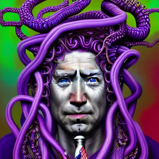 Image similar to an extremely psychedelic portrait of medusa as joebiden, surreal, lsd, face, detailed, intricate, elegant, lithe, highly detailed, digital painting, artstation, concept art, smooth, sharp focus, illustration