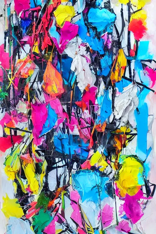 Image similar to abstract expressionist painting, paint drips, acrylic, wildstyle, clear shapes, maximalism, smeared flowers, origami cranes, oil pastel gestural lines, large triangular shapes