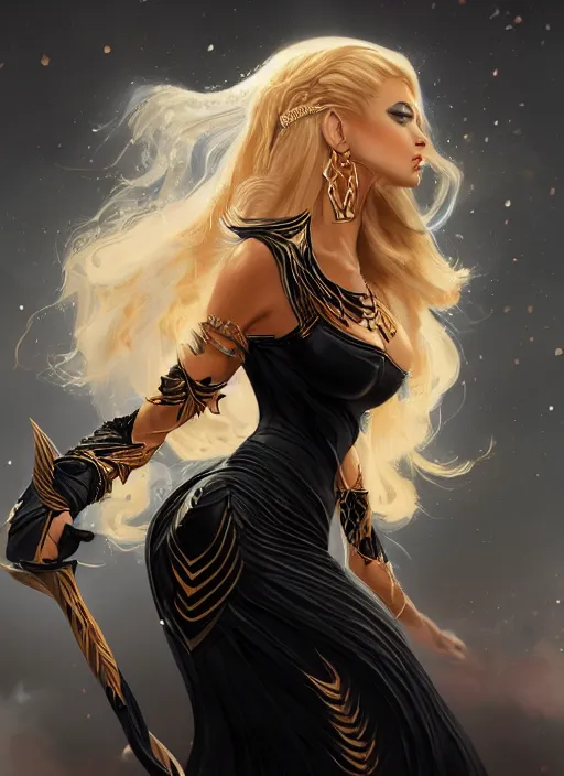 Image similar to a highly detailed illustration of fierce blonde tanned skin goddess ereshkigal wearing black dress, dramatic elegant powerful pose, perfect face, perfect body, intricate, elegant, highly detailed, centered, digital painting, artstation, concept art, smooth, sharp focus, league of legends concept art, wlop