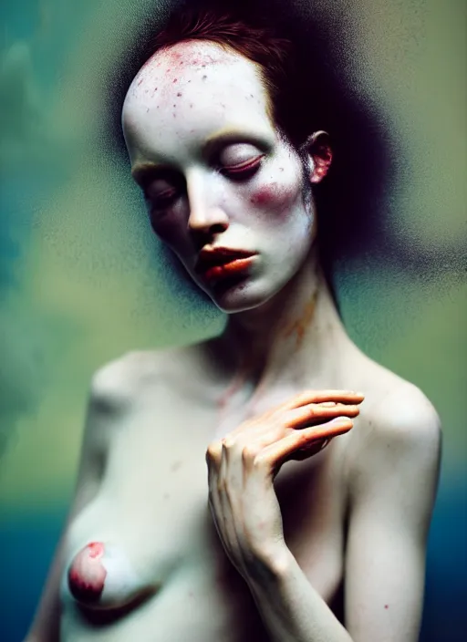 Prompt: cinestill 5 0 d photo portrait of a beautiful woman in style of tim walker by roberto ferri, body skin aggressive weird marble, hair is intricate floating liquid metal, 1 5 0 mm lens, f 1. 2, sharp focus, ethereal, emotionally evoking, head in focus, bokeh volumetric lighting, tonal colors outdoor