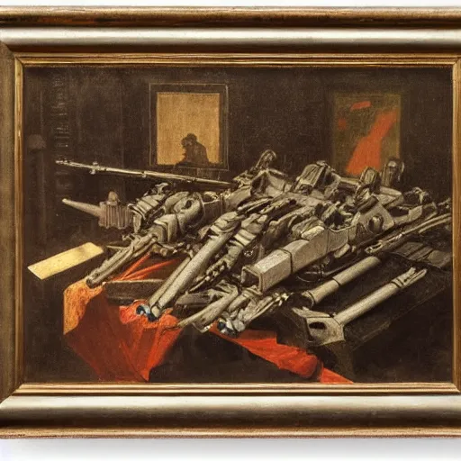 Prompt: Still life of a combat mech surrounded by its weapons, in the style of Henri Fantin-Latour