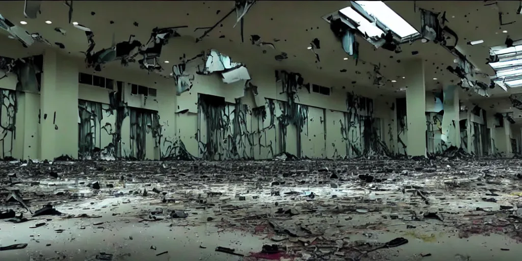 Image similar to abandoned replicant factory in a mall, damaged camcorder video