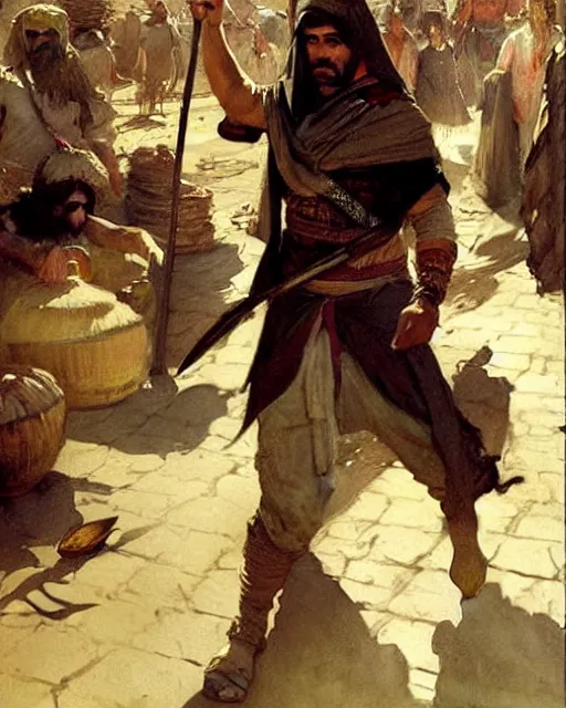 Prompt: fantasy concept art by anders zorn depicting colin farrell as an ancient egyptian rogue walking through a busy oriental market