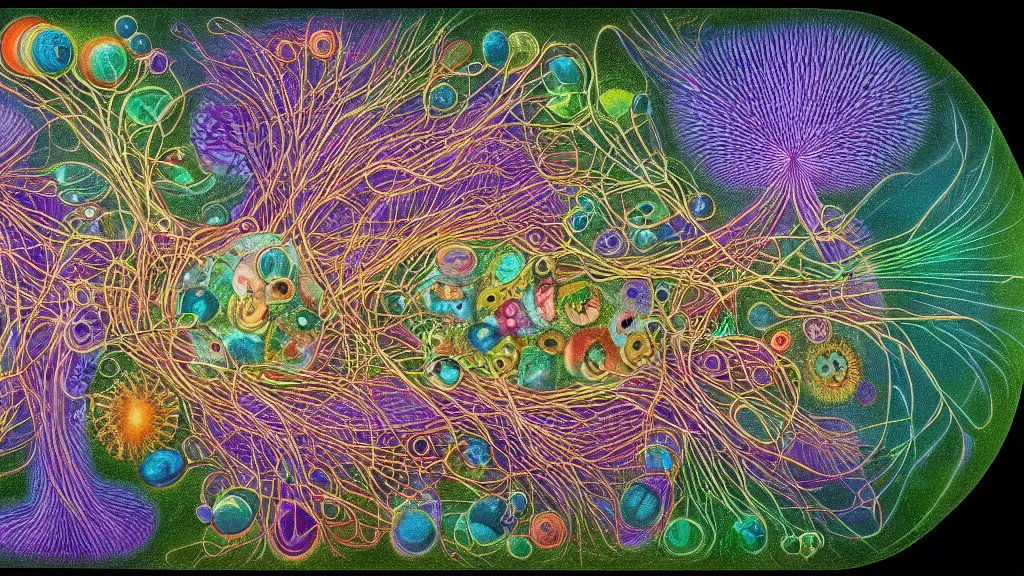 Image similar to quantum connections represented as symbiotic organisms like cells playing around with colorful lights by ernst haeckel, hyperrealistic