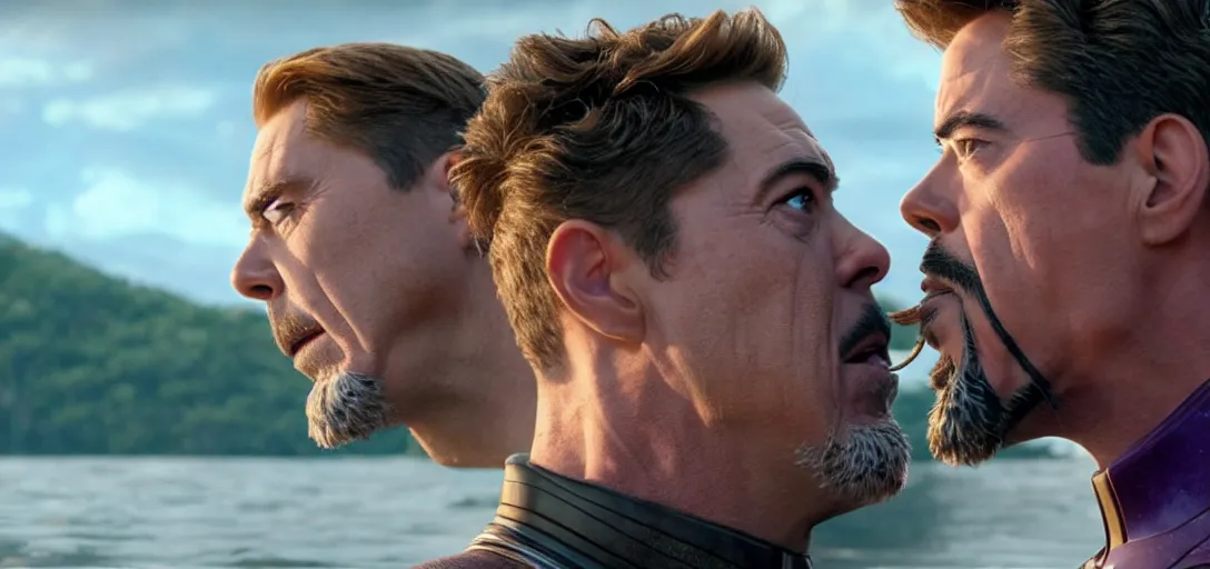 Image similar to a very high resolution image from a new movie. thanos kissing tony stark on a lake, photorealistic, photography, directed by wes anderson