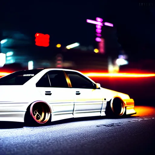 Image similar to a car JZX100 turbo drift at illegal car meet, Sibuya prefecture, city midnight mist lights, cinematic color, photorealistic, highly detailed wheels, 200MM