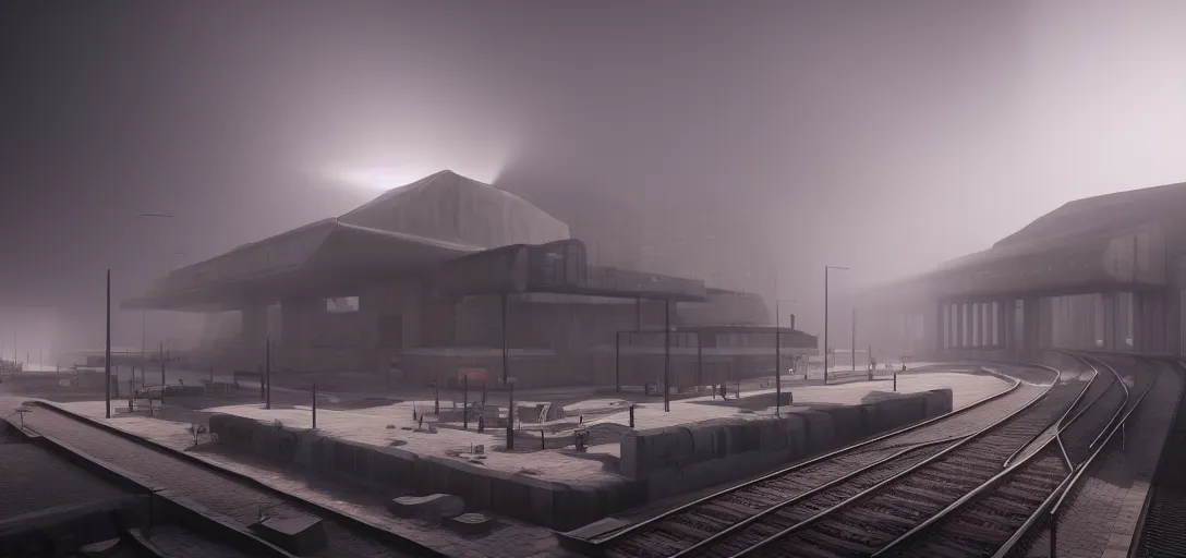 Prompt: dramatic view of brutalist train station, colored fog, haze, unreal engine, dramatic lighting, detailed, ambient occlusion, global illumination, god rays, 3 d artstation render by greg rutowski and jessica rossier