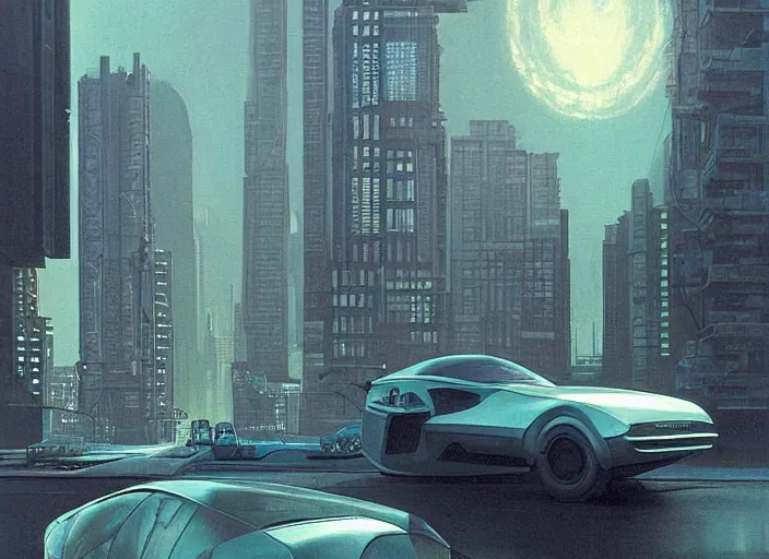 Image similar to a car driving down a street next to tall buildings the night at mignight, cyberpunk art by Chesley Bonestell, cgsociety, retrofuturism, matte painting, reimagined by industrial light and magic