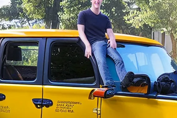 Image similar to a full shot of mark zuckerberg laying on the front of a yellow jeep in someone's driveway