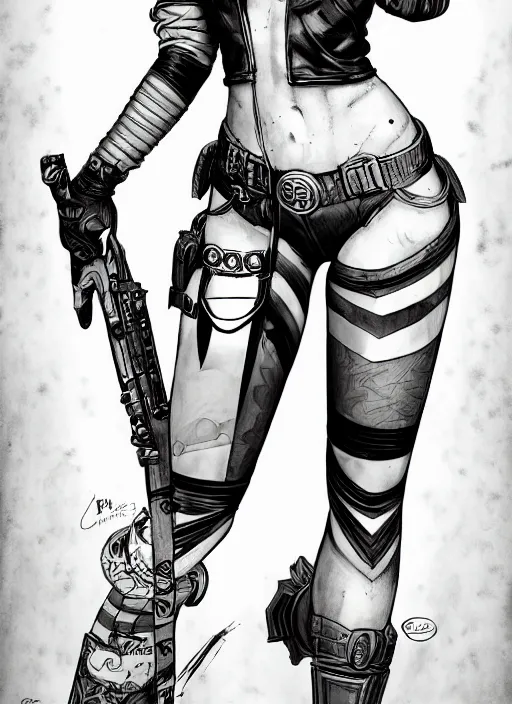 Image similar to concpet art, full shot, traditional ink, sketch, of harley quinn, line sketch, intricate, elegant, highly detailed, monochrome, digital painting, artstation, concept art, sharp focus, illustration, art by borderlands 3 and peter polach