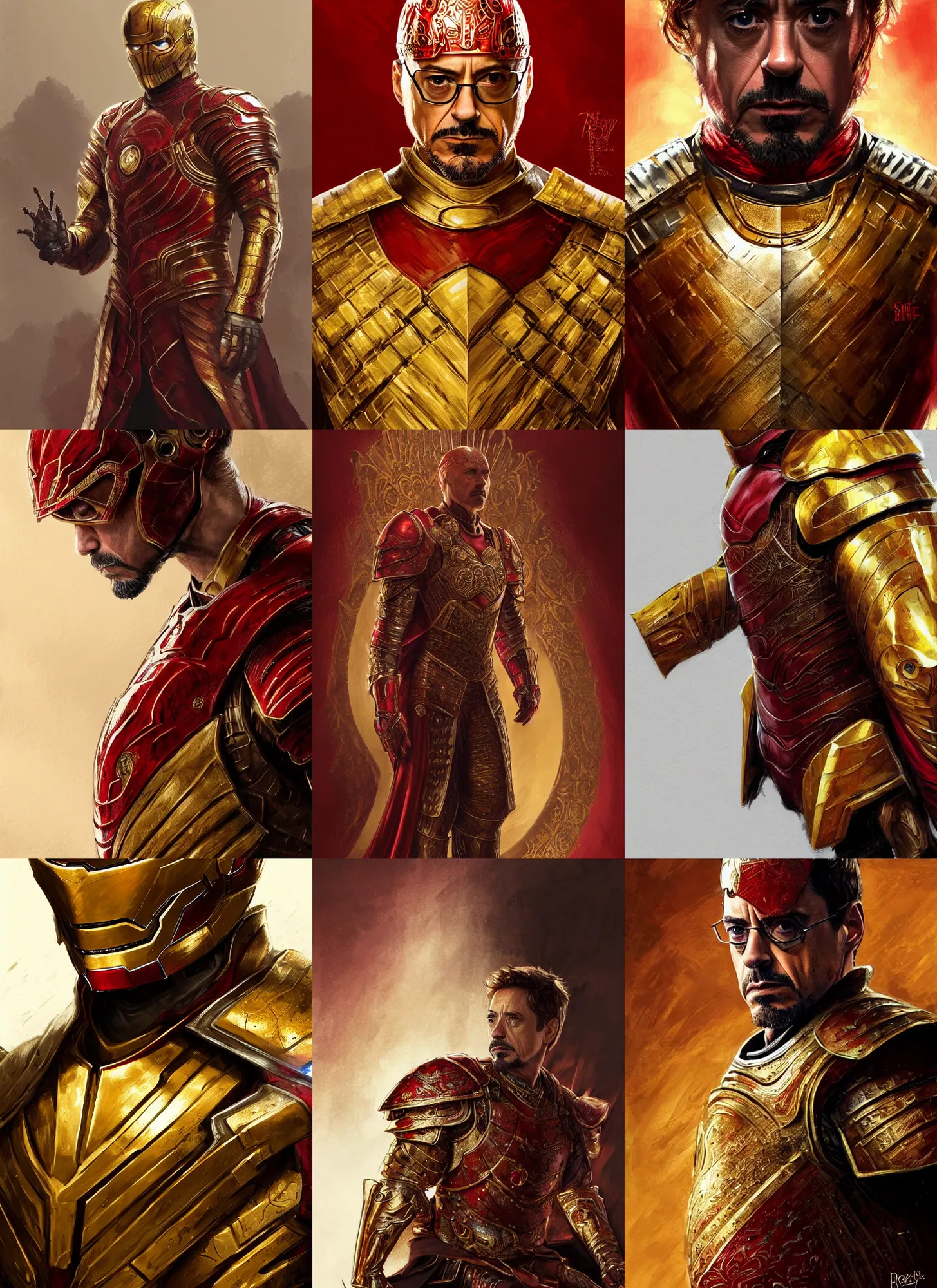 Prompt: robert downey jr wearing red and golden armour, game of thrones, intricate, elegant, highly detailed, digital painting, artstation, concept art, smooth, sharp focus, illustration, aleksi briclot, rutkowski, mucha