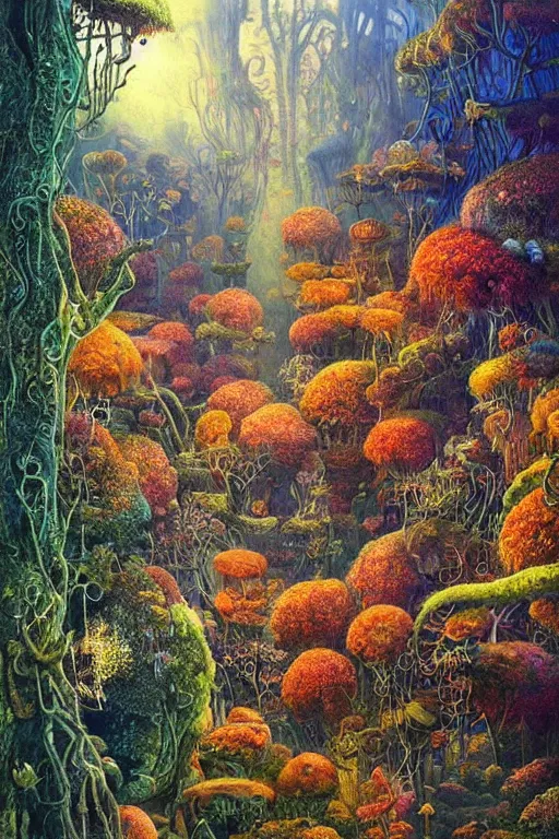 Image similar to the most epic beautiful detailed landscape to give us hope that life is worth living in a surreal depth, world in a orange green fantasy forrest style of daniel merriam concept art