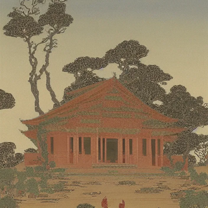 Image similar to a building in a serene landscape, greko - buddhist art