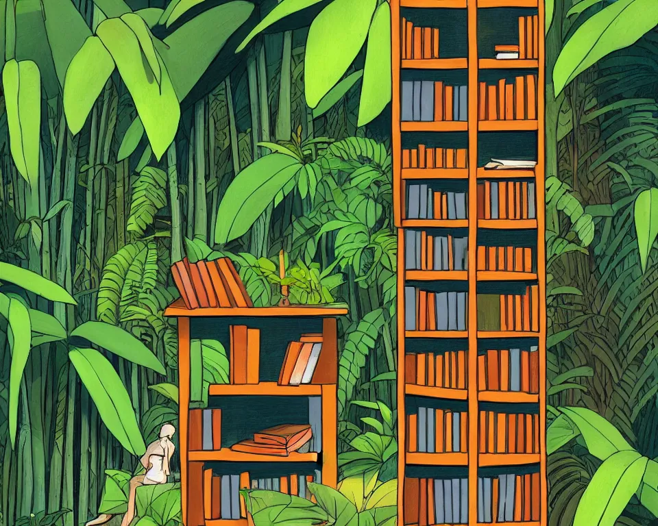 Prompt: one small bookshelf in the rainforest, featuring federal reporters, by hopper. hyperdetailed, proportional, romantic, enchanting, achingly beautiful, graphic print, trending on artstation, jungle, tropical, foliage