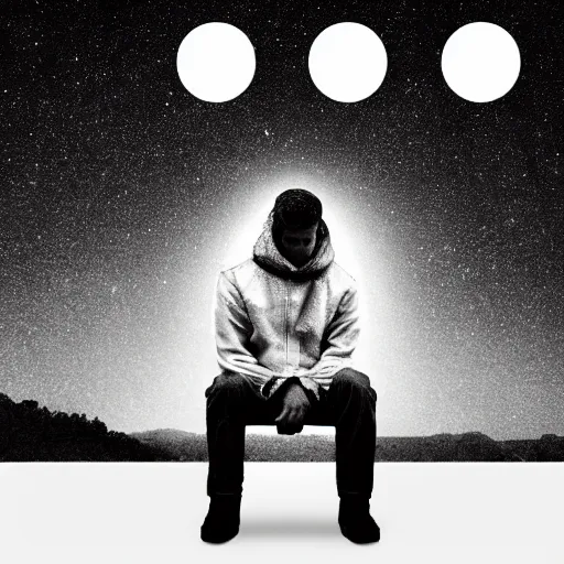 Prompt: a man living in a white dot, sad, melancholy, album art,