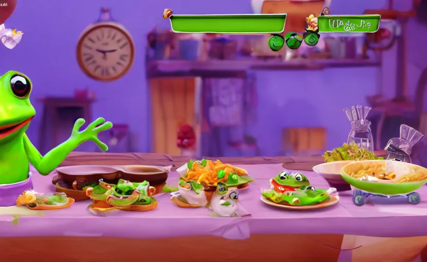 Image similar to ps 4 game about a cute frog chef in italy, unity screenshot,