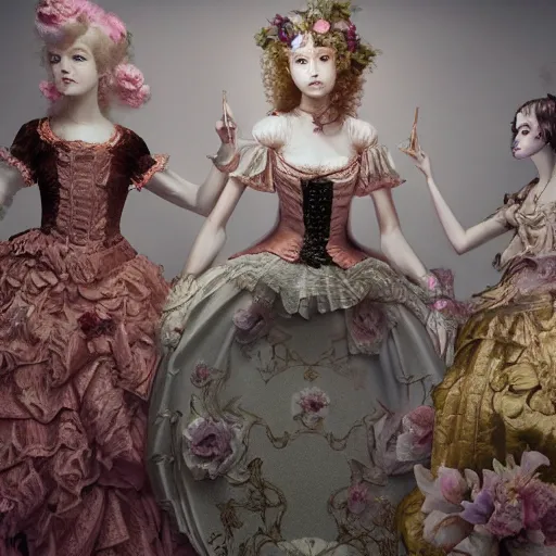 Image similar to 8k, octane render, realism, rococo, baroque, tonalism, renaissance, group of creepy young ladies wearing long harajuku manga dress with flowers and skulls, background chaotic flowers